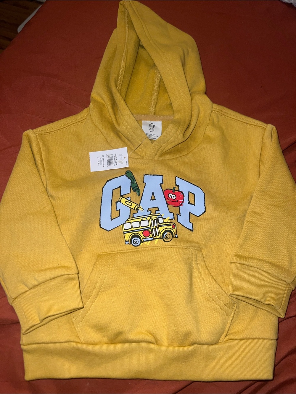 GAP Kids Yellow Hooded Sweatshirt with School Bus & Apple Graphic
